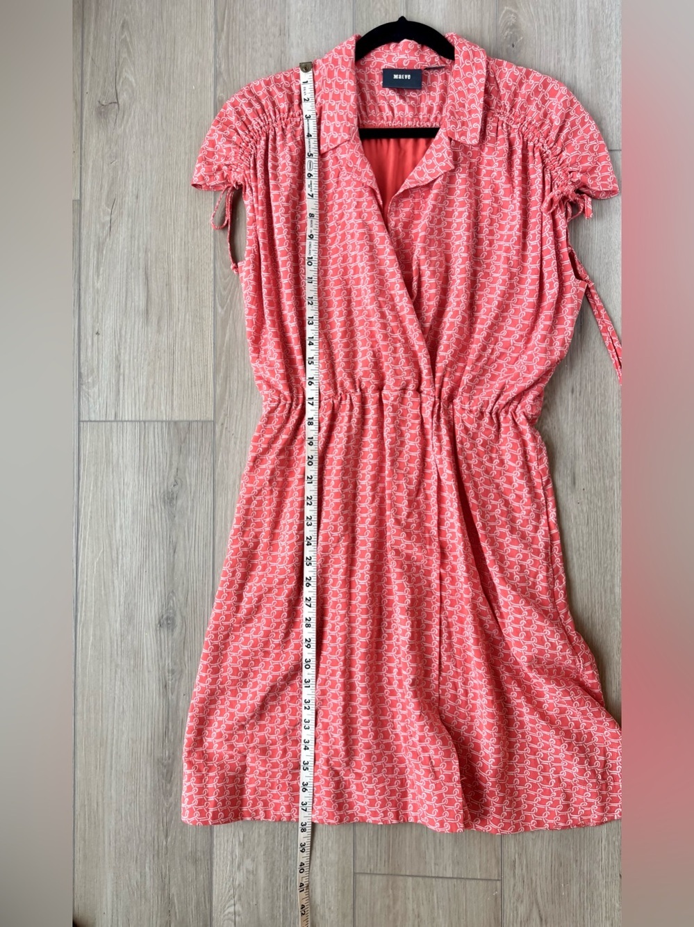Anthro Maeve Carlotta Ruched Shirtdress Coral Print Tie Sleeve Sz S EUC flirty - Picture 16 of 16